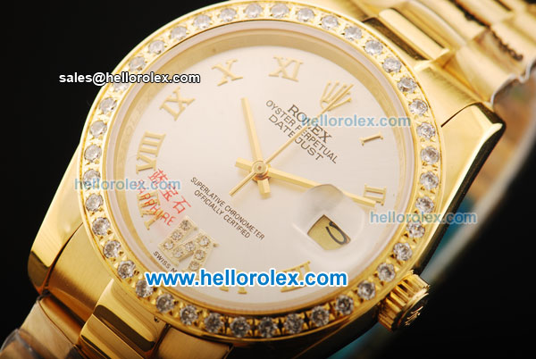 Rolex Datejust Oyster Perpetual Automatic Movement Gold Case with Gold Roman Numeral Markers and Diamond Bezel - Click Image to Close